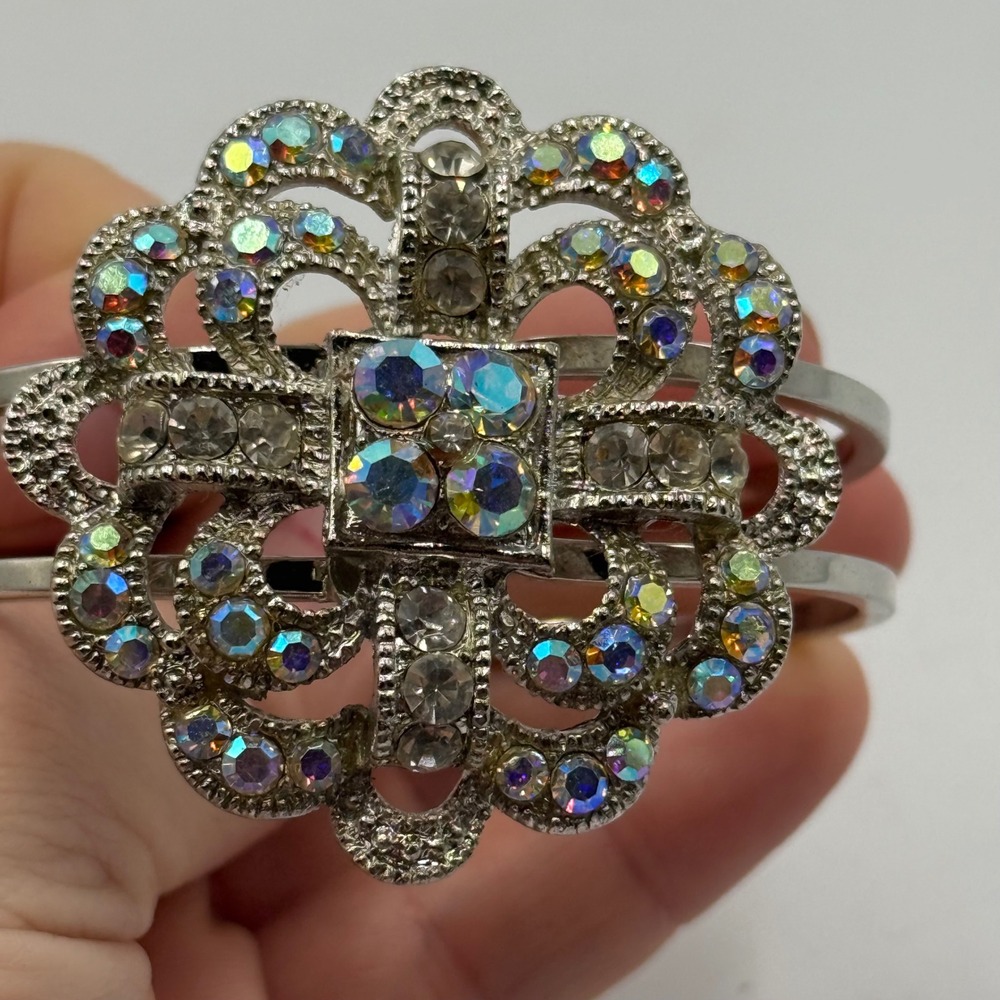 Vintage AB Rhinestone Hinged Cuff‎ Bracelet Silver Tone Mid Century Glam